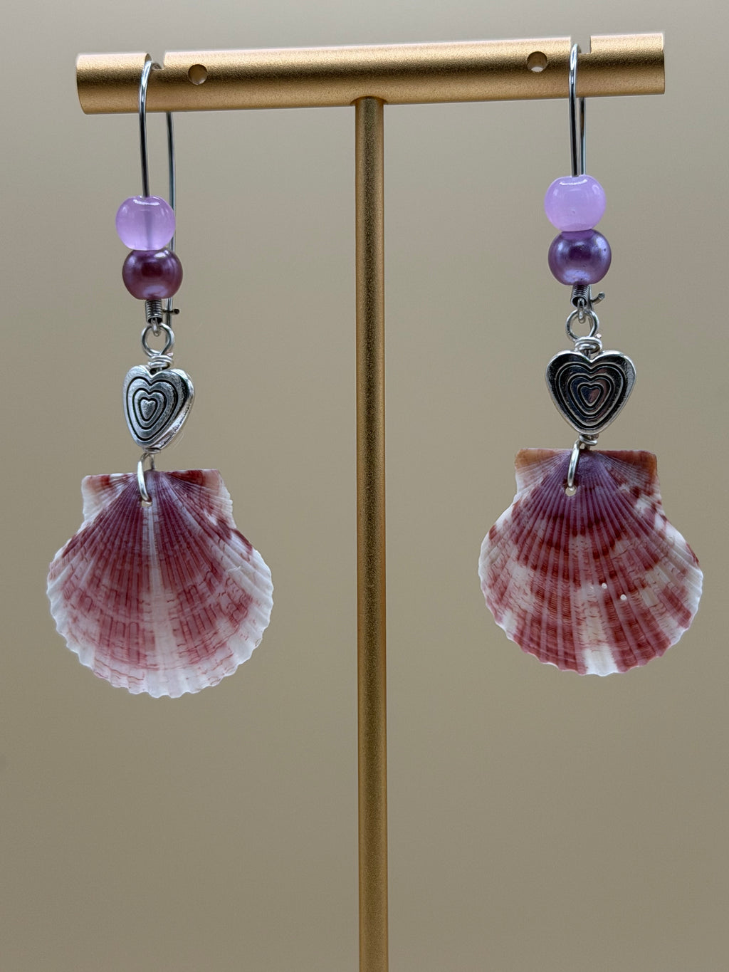 Purple Scallop Shell & Lavender Bead Heart Charm Earrings