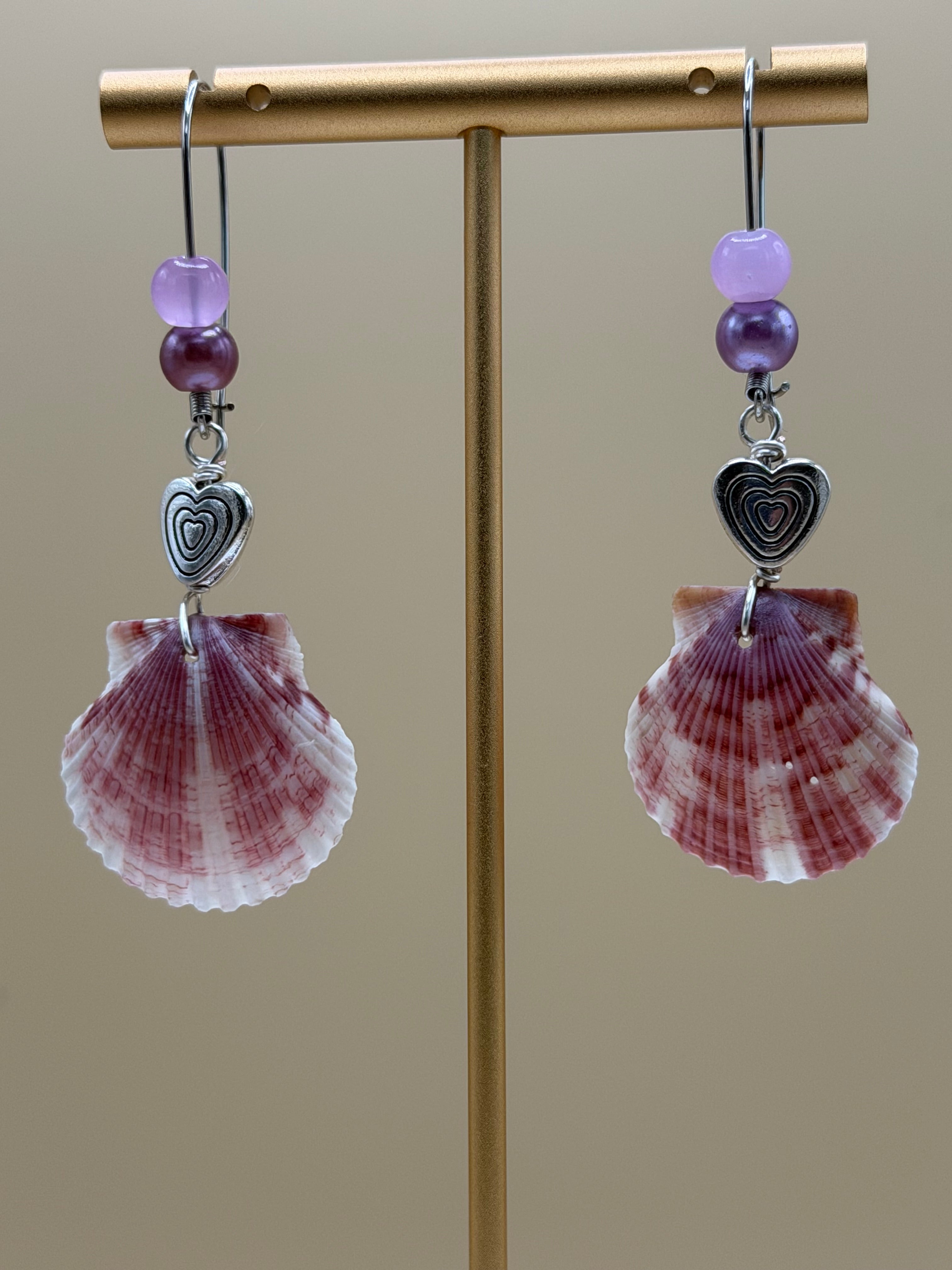 Purple Scallop Shell & Lavender Bead Heart Charm Earrings