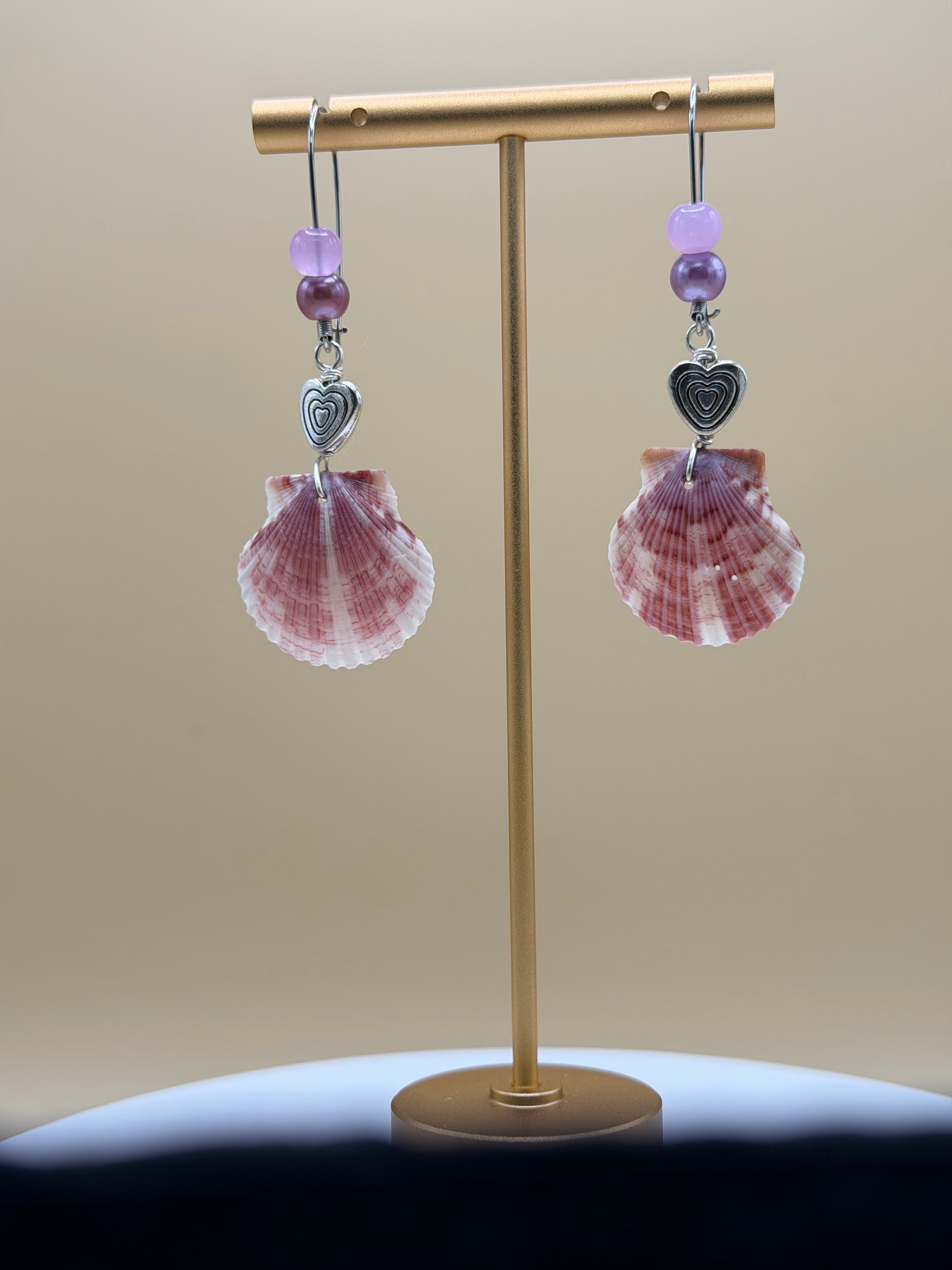 Purple Scallop Shell & Lavender Bead Heart Charm Earrings