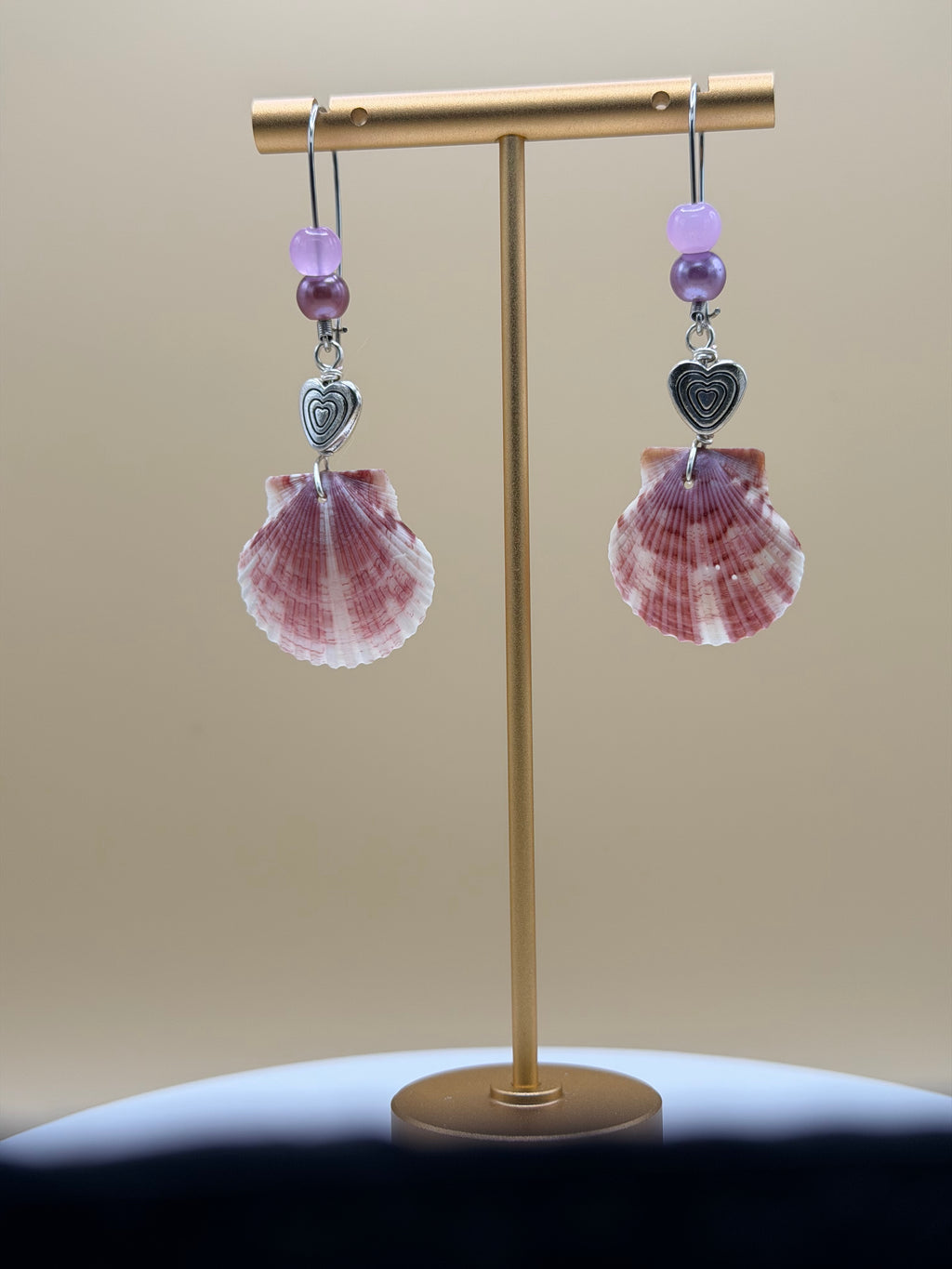 Purple Scallop Shell & Lavender Bead Heart Charm Earrings