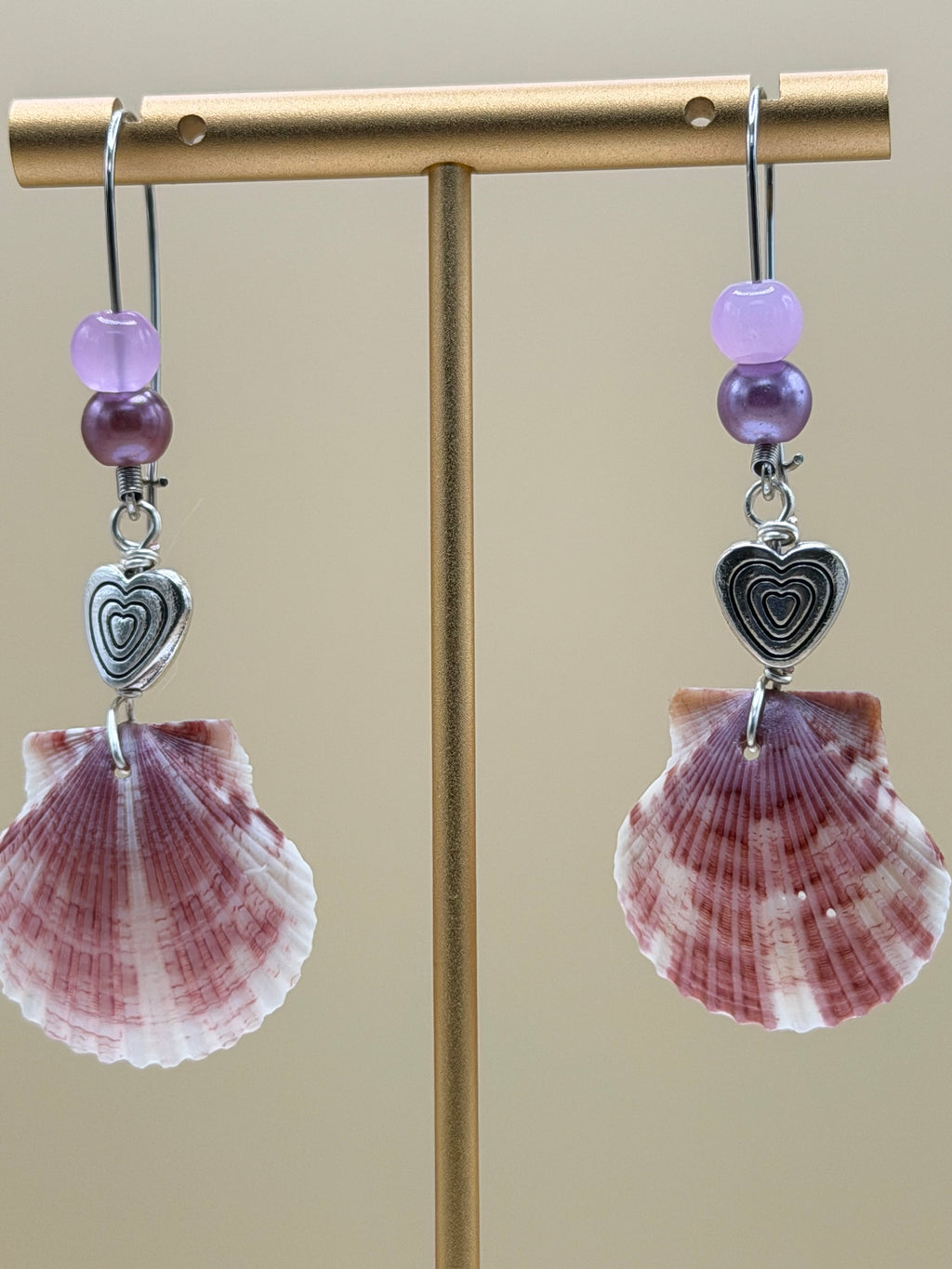 Purple Scallop Shell & Lavender Bead Heart Charm Earrings