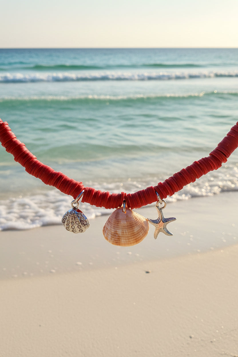 Red Tide Shell Charm Clay Bead Bracelet