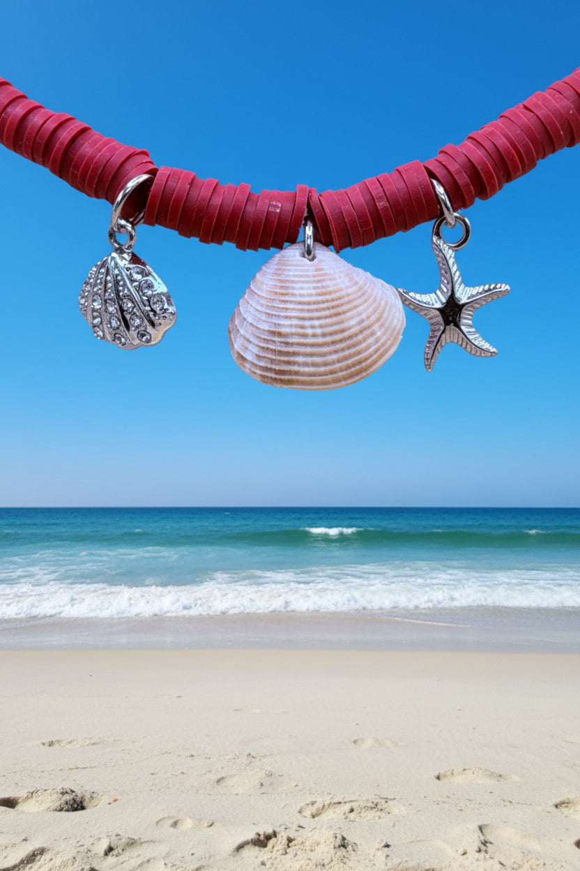 Red Tide Shell Charm Clay Bead Bracelet