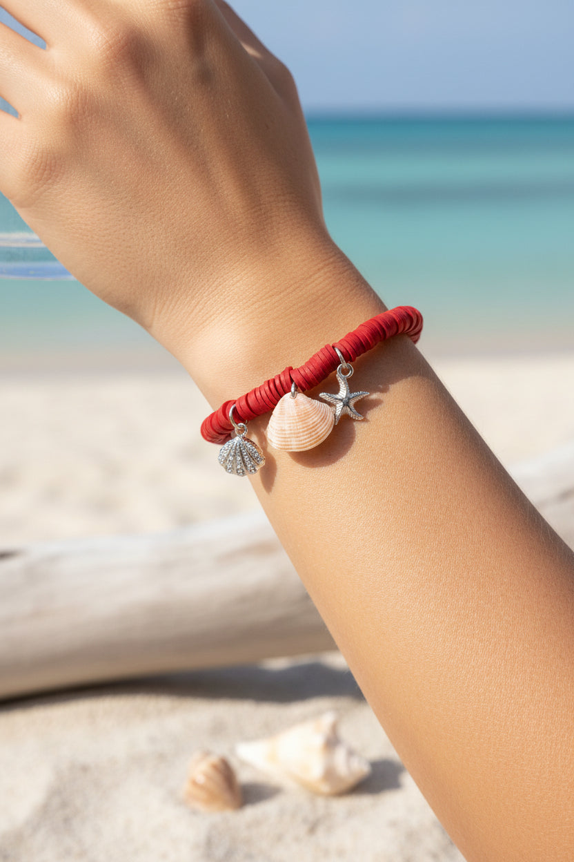 Red Tide Shell Charm Clay Bead Bracelet