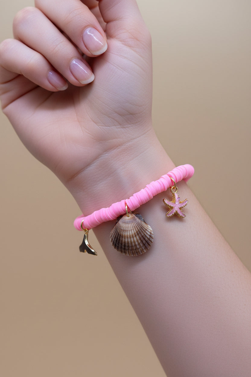 Pink Mermaid Shell Charm Clay Bead Bracelet
