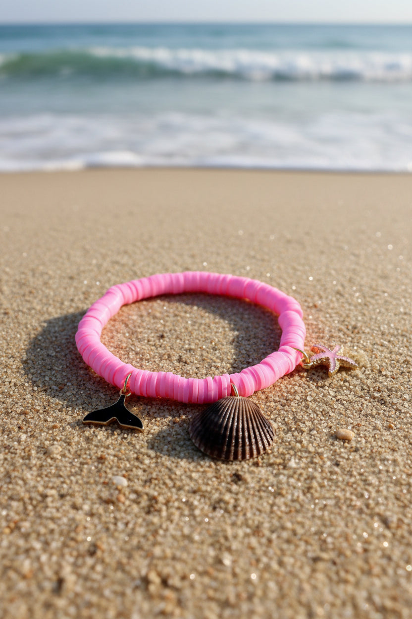 Pink Mermaid Shell Charm Clay Bead Bracelet