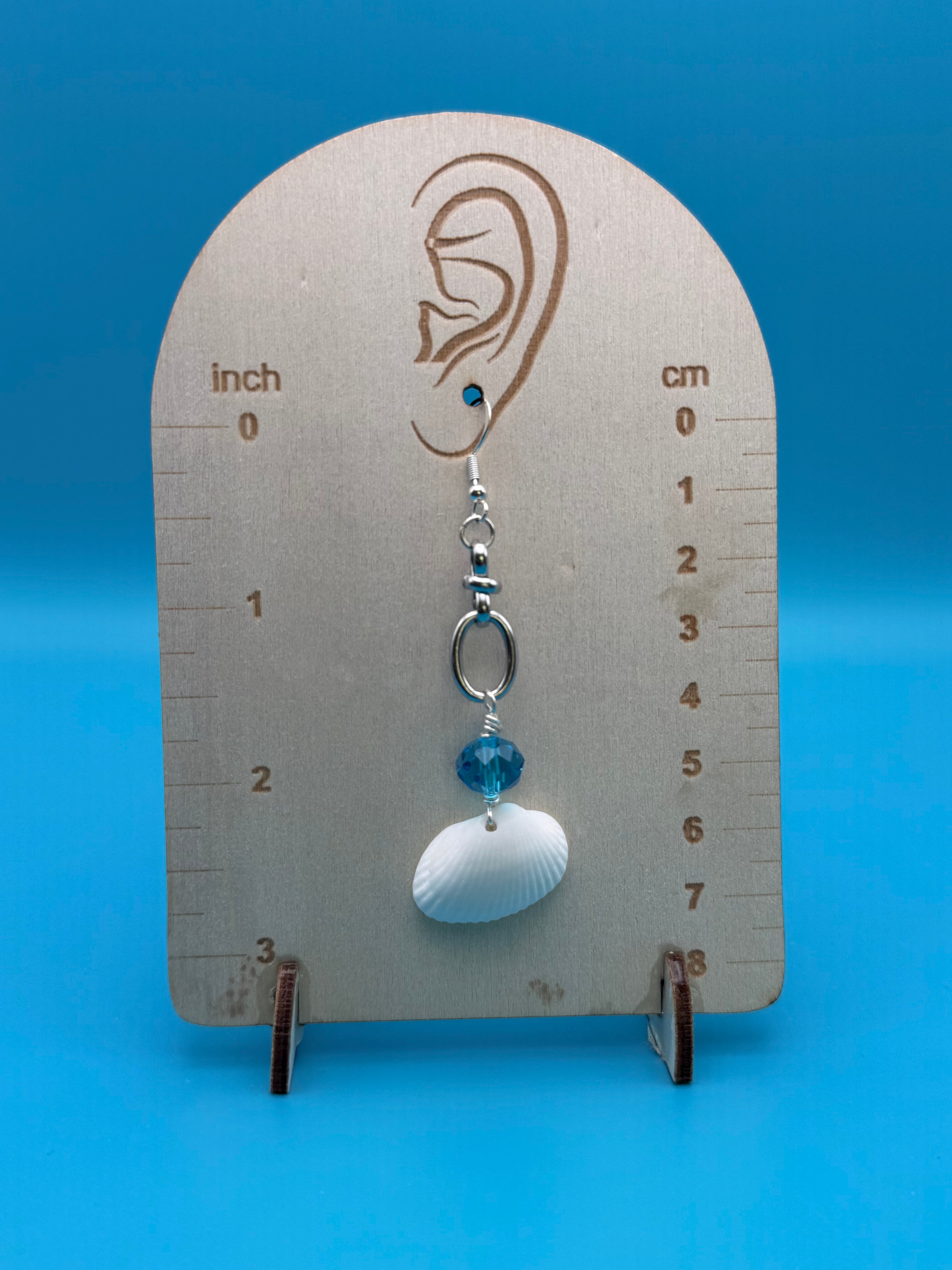White Shell & Blue Crystal Dangle Earrings