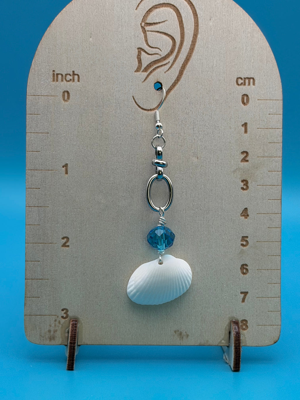 White Shell & Blue Crystal Dangle Earrings