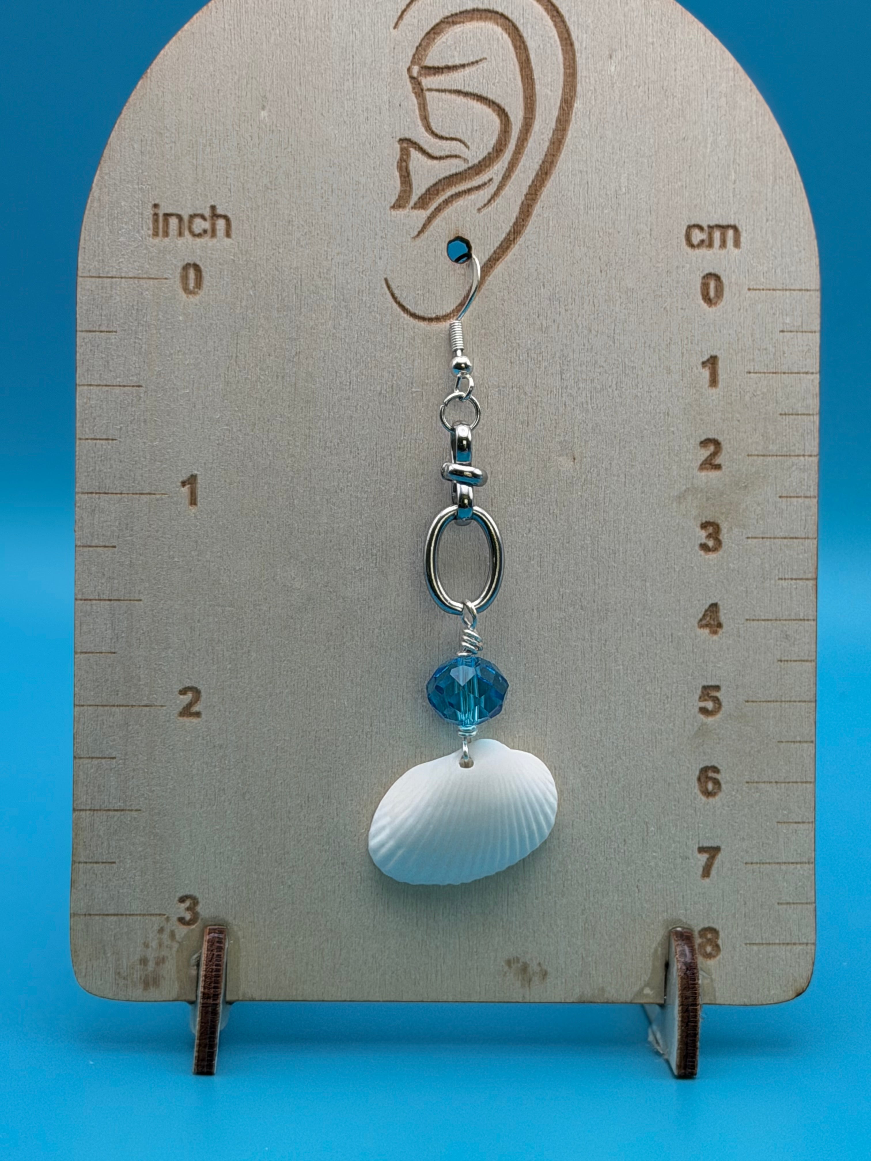 White Shell & Blue Crystal Dangle Earrings