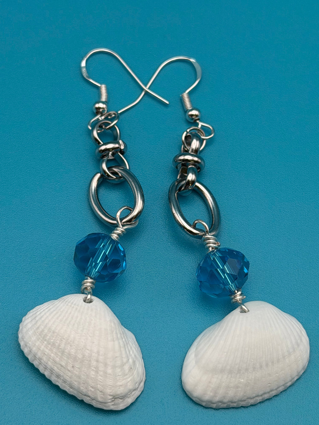White Shell & Blue Crystal Dangle Earrings