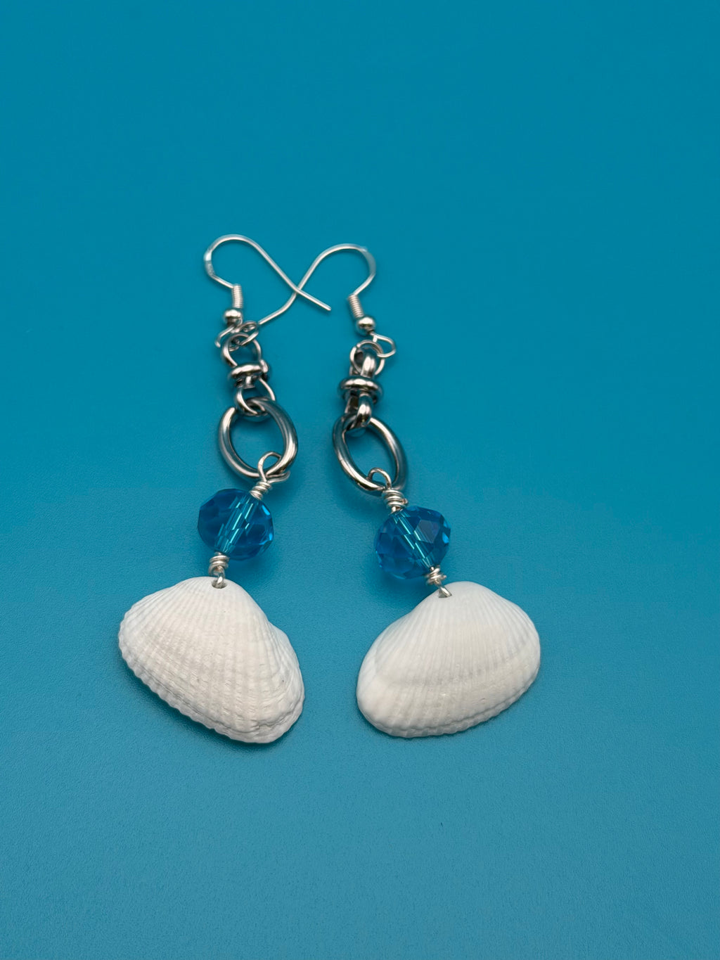 White Shell & Blue Crystal Dangle Earrings