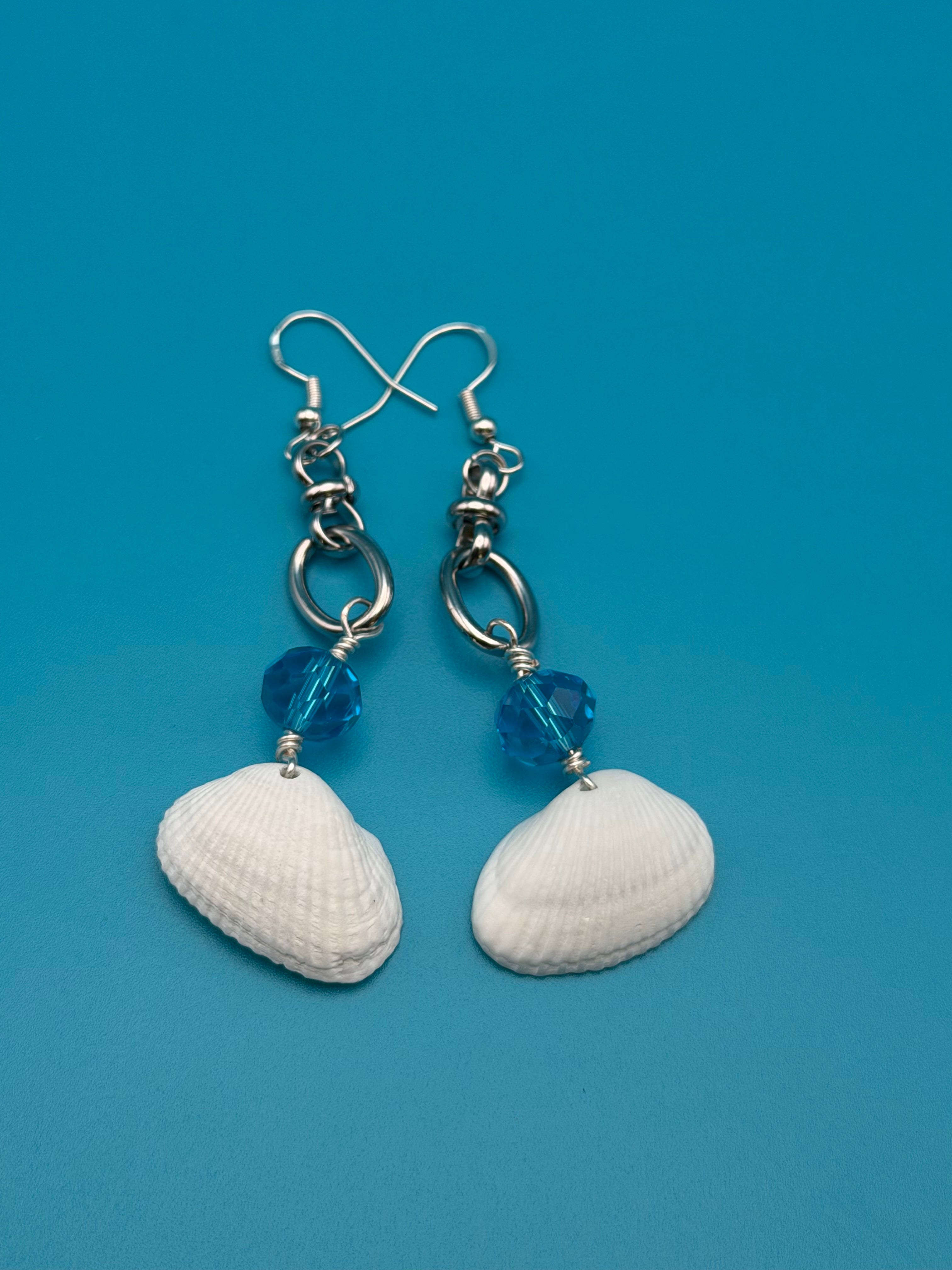White Shell & Blue Crystal Dangle Earrings