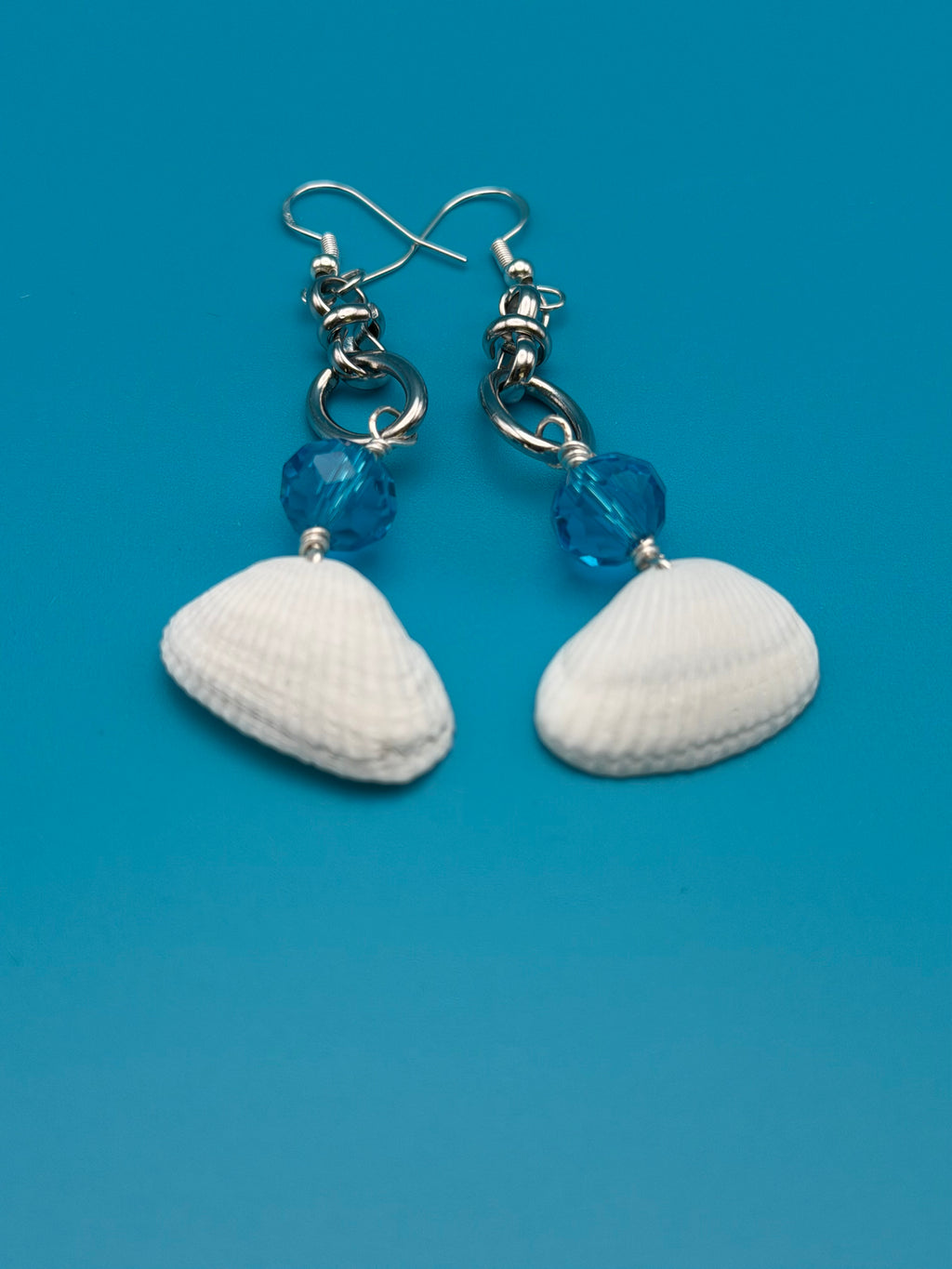 White Shell & Blue Crystal Dangle Earrings