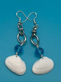 White Shell & Blue Crystal Dangle Earrings