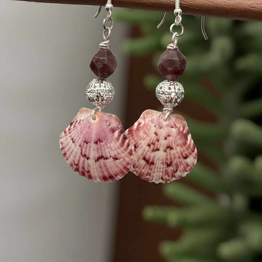 Amethyst Silver Tide Scallop Shell Earrings