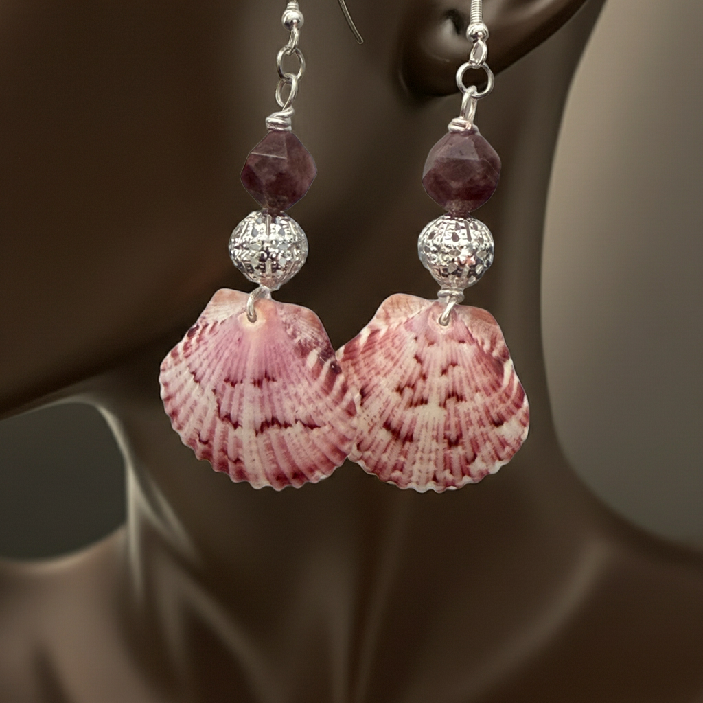 Amethyst Silver Tide Scallop Shell Earrings