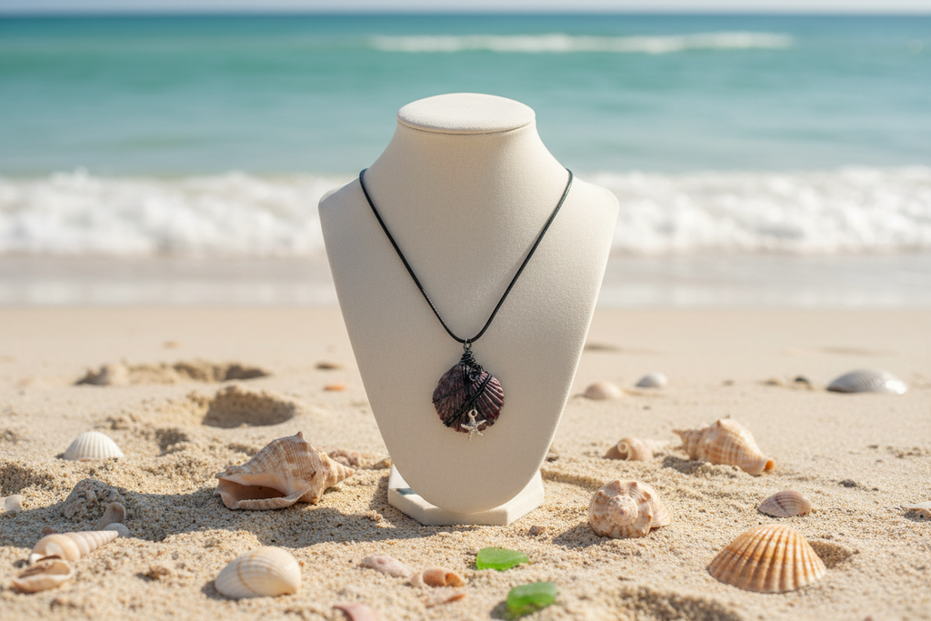 Dark Purple Scallop Shell Necklace with Beach Background - View 1