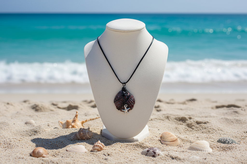 Dark Purple Scallop Shell Necklace with Beach Background - View 2