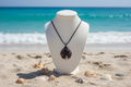 Dark Purple Scallop Shell Necklace with Beach Background - View 2