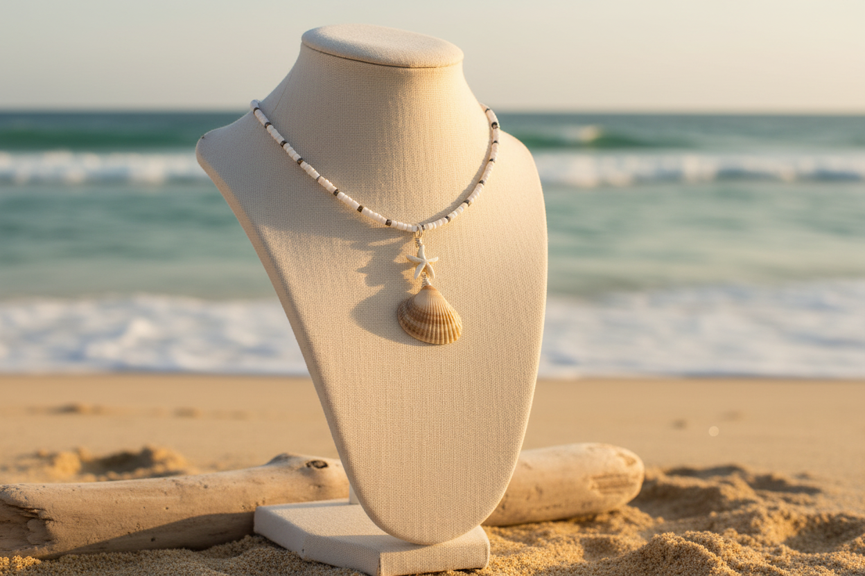 Elegant Necklace with Beach Background