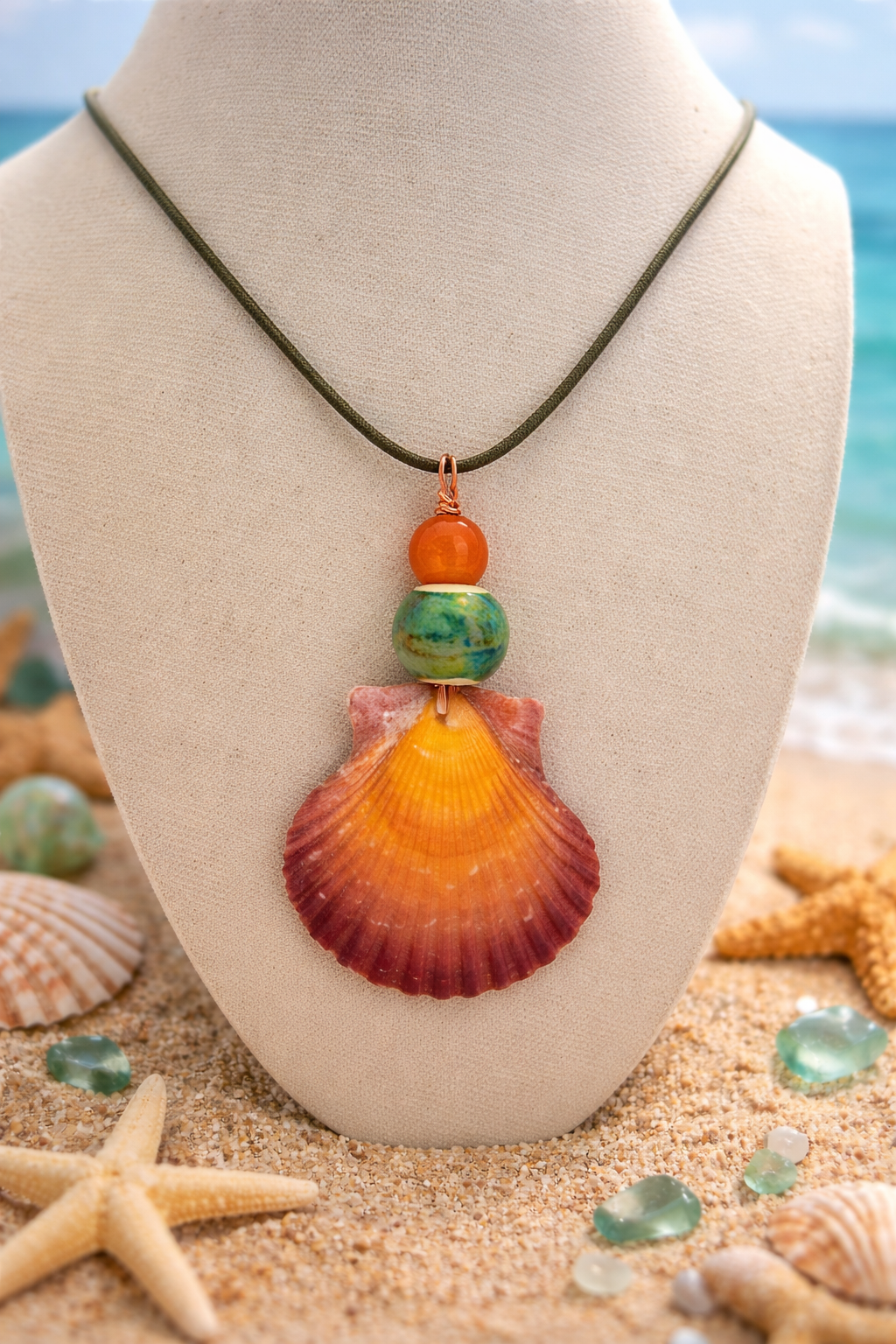 Sunset Glow - Orange Scallop Shell, Orange & Turquoise Bead Necklace
