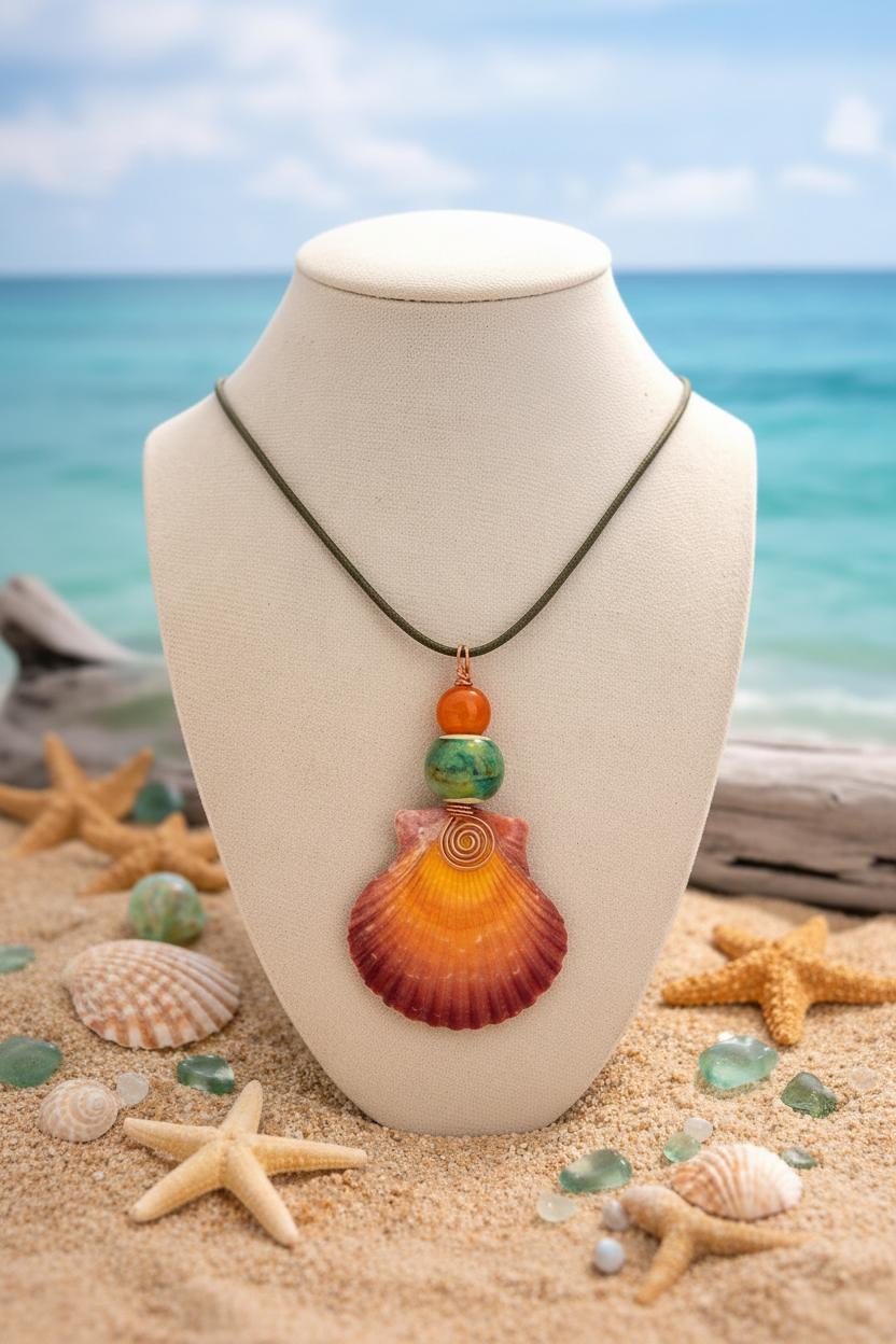 Sunset Glow - Orange Scallop Shell, Orange & Turquoise Bead Necklace