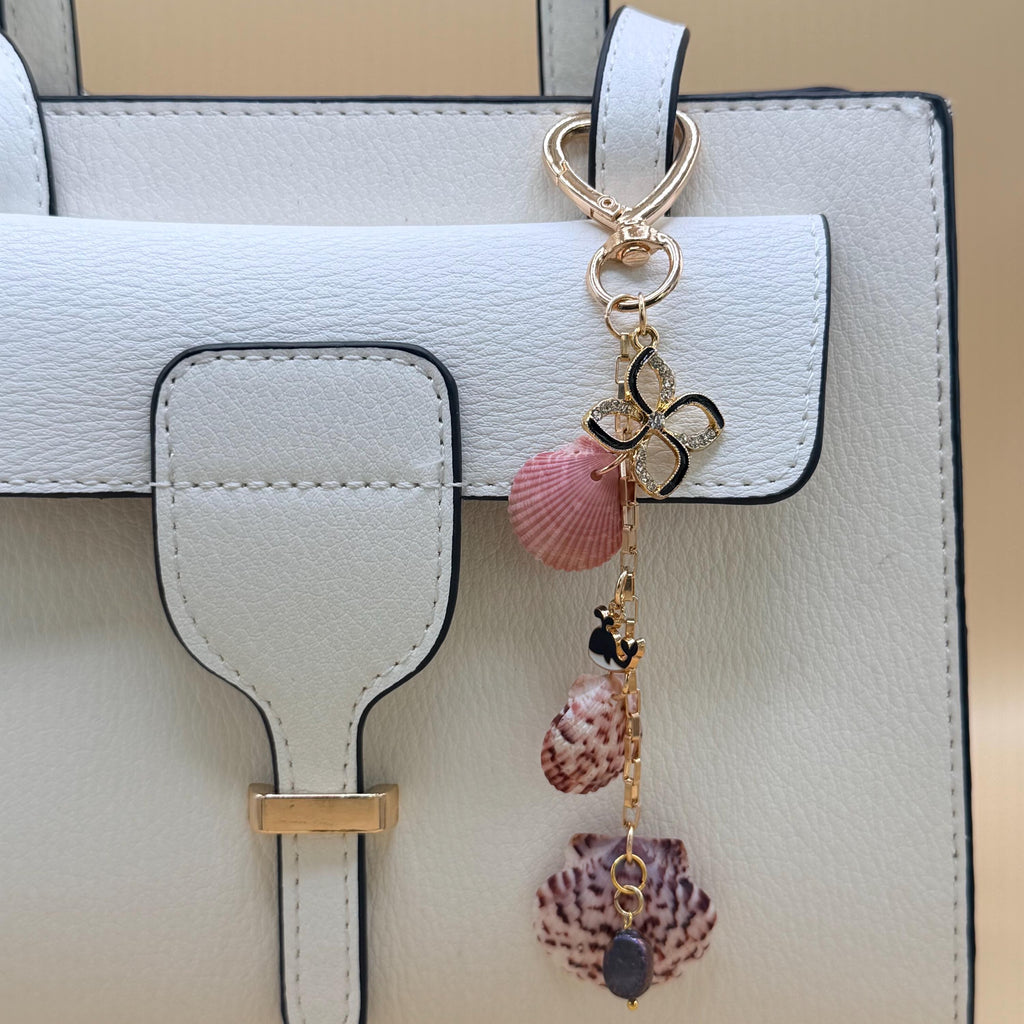 Pink Calico Scallop Shell Bag Charm - Handmade Beach Coastal Purse Accessory Keychain Ocean Gift