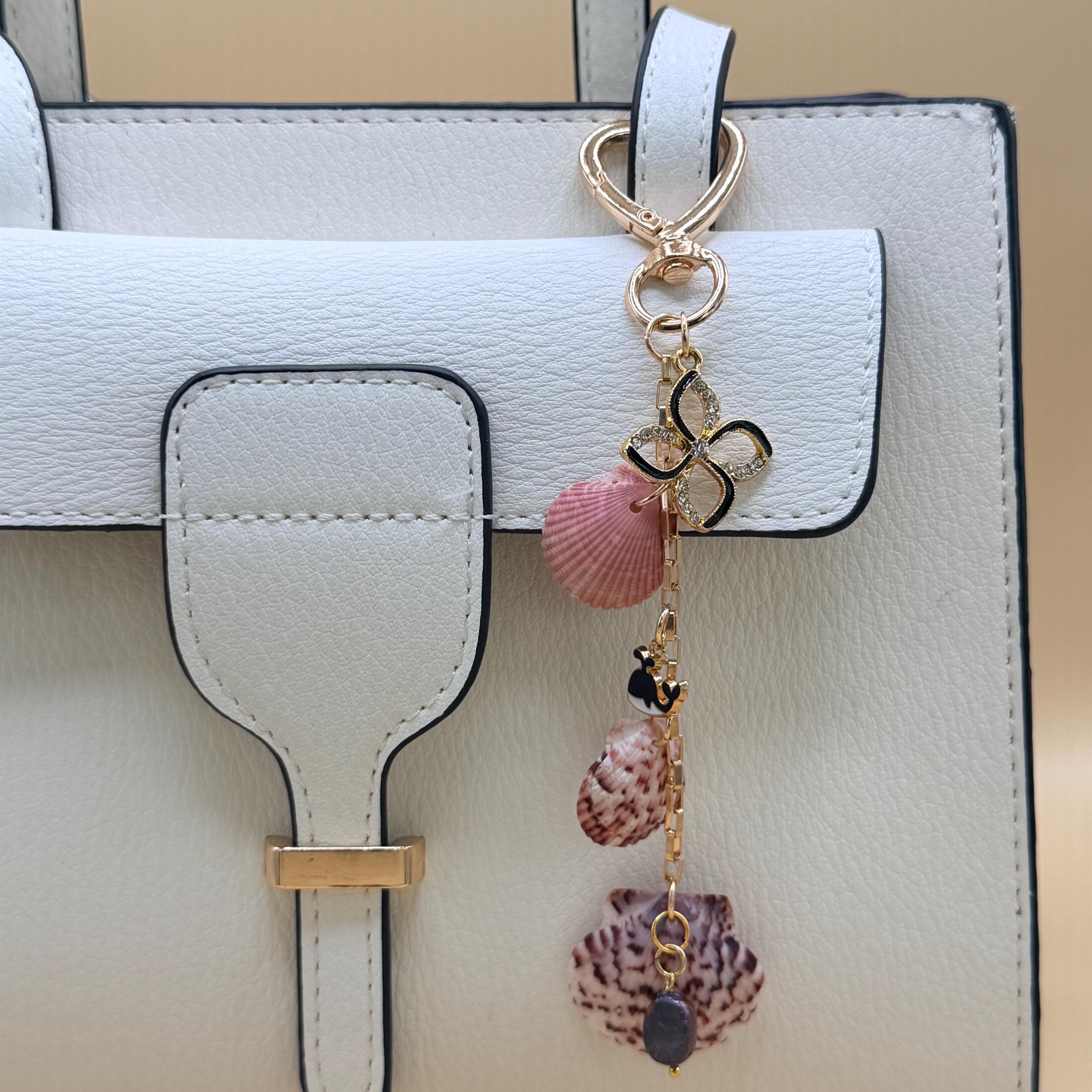 Pink Calico Scallop Shell Bag Charm - Handmade Beach Coastal Purse Accessory Keychain Ocean Gift