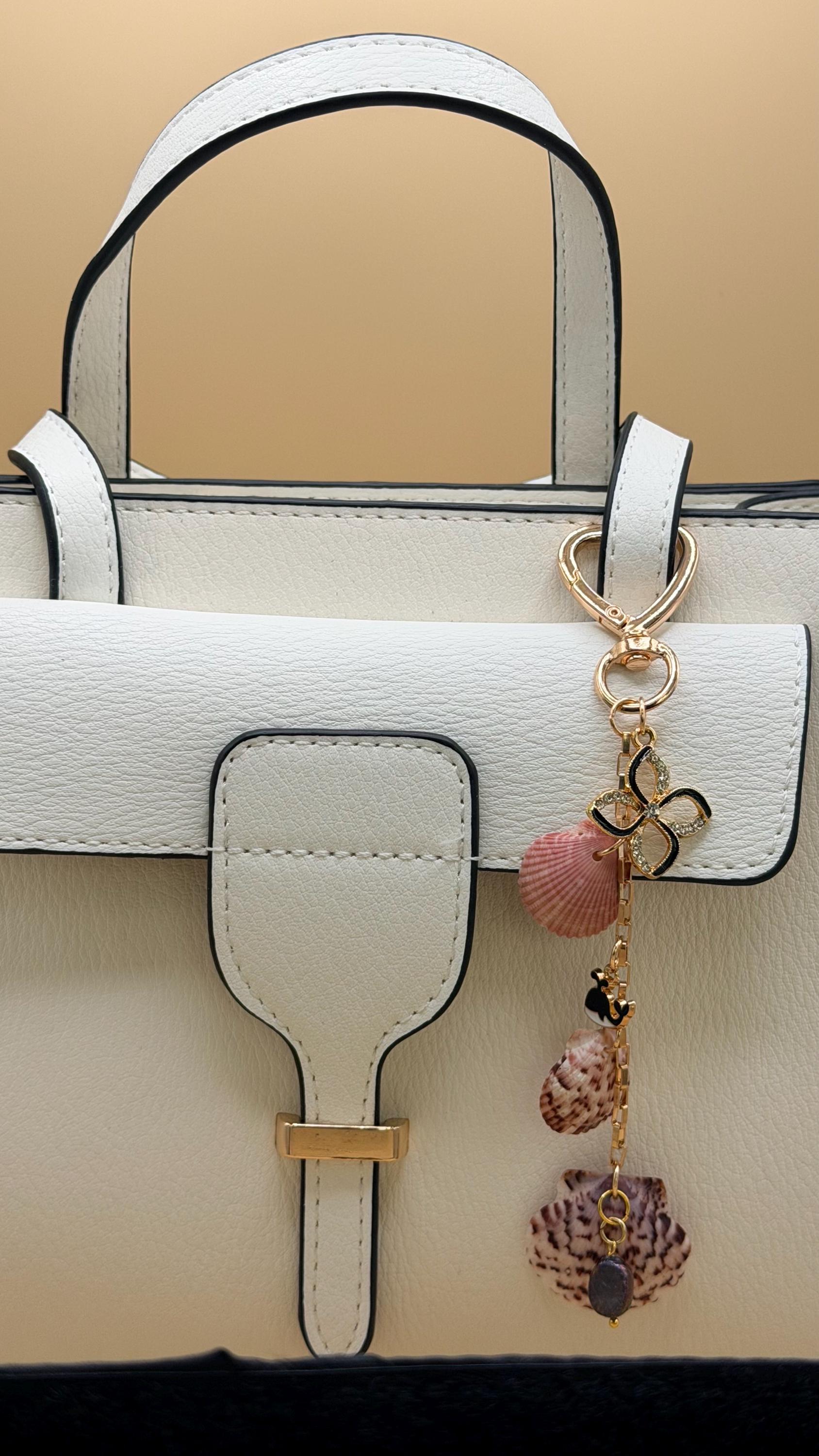 Pink Calico Scallop Shell Bag Charm - Handmade Beach Coastal Purse Accessory Keychain Ocean Gift