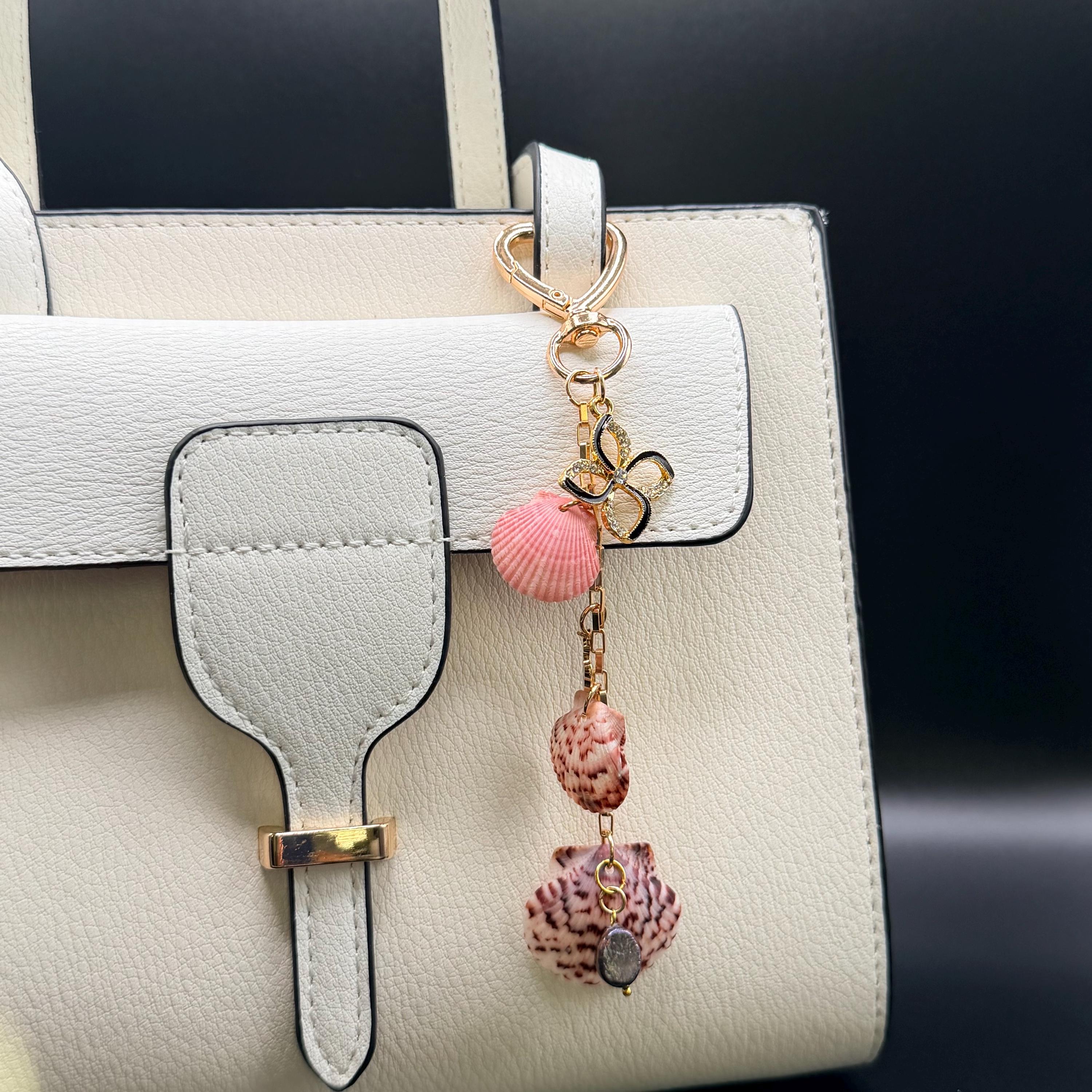 Pink Calico Scallop Shell Bag Charm - Handmade Beach Coastal Purse Accessory Keychain Ocean Gift