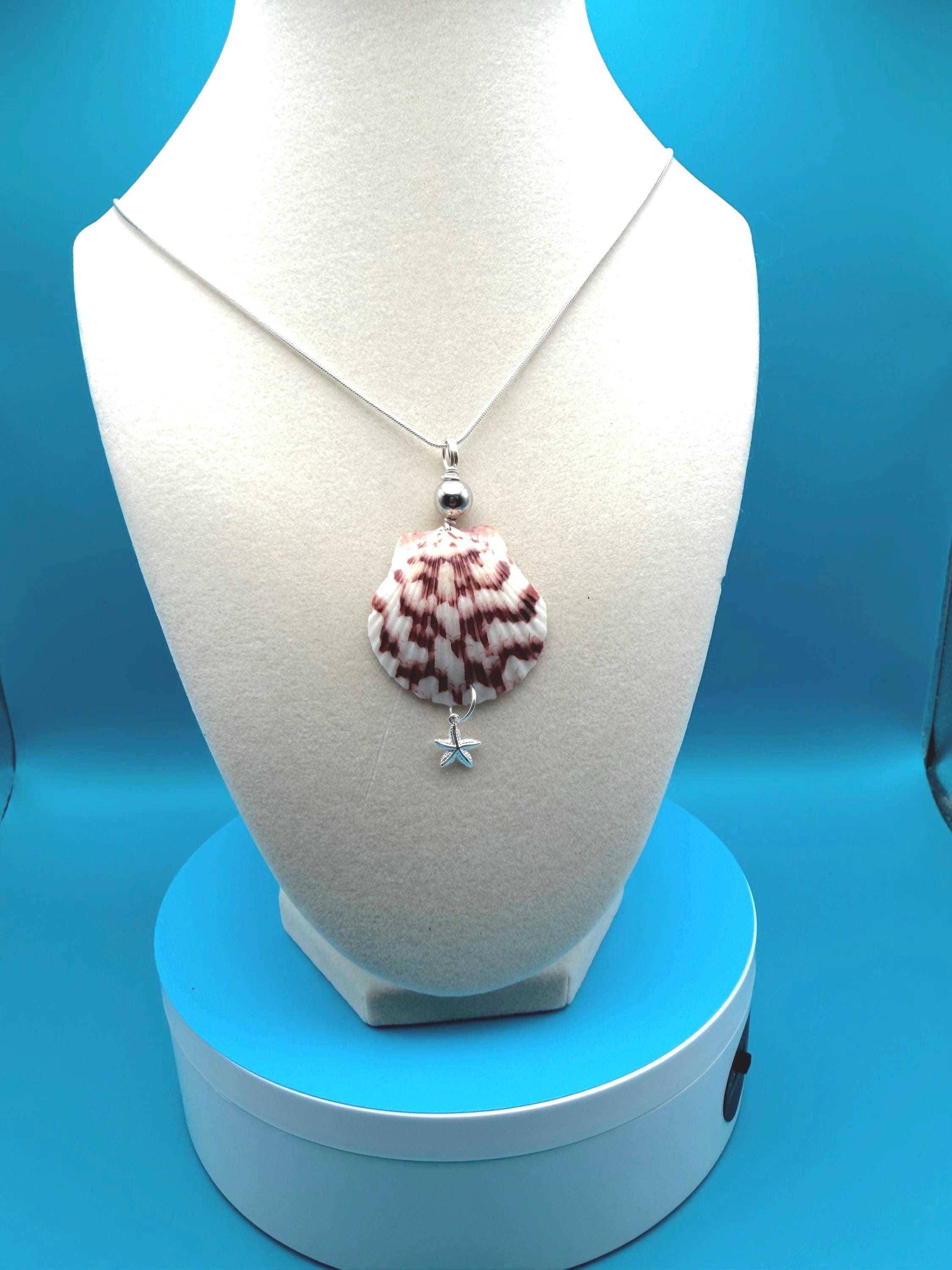 Real Calico Scallop Shell Necklace Handmade Florida Coastal Beach Gift Ocean Jewelry Sterling Silver