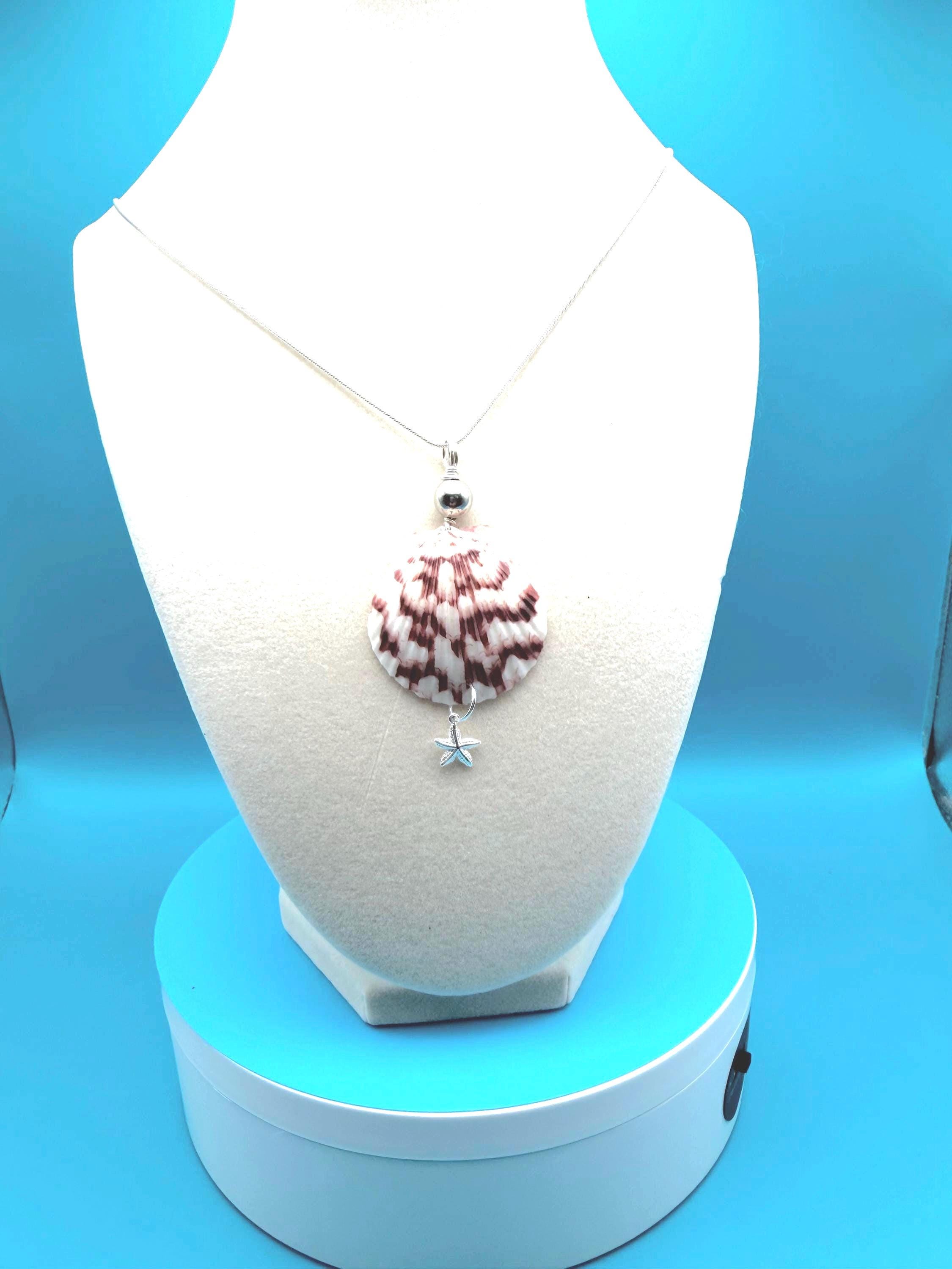 Real Calico Scallop Shell Necklace Handmade Florida Coastal Beach Gift Ocean Jewelry Sterling Silver