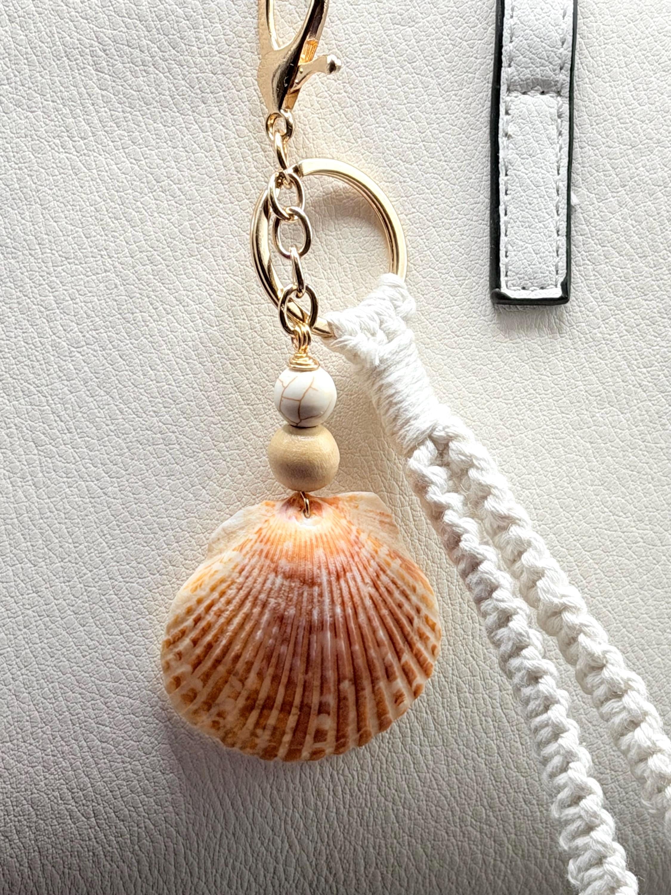 Handmade Florida Scallop Shell Macrame Beach Bag Charm Coastal Keychain Purse Accessory