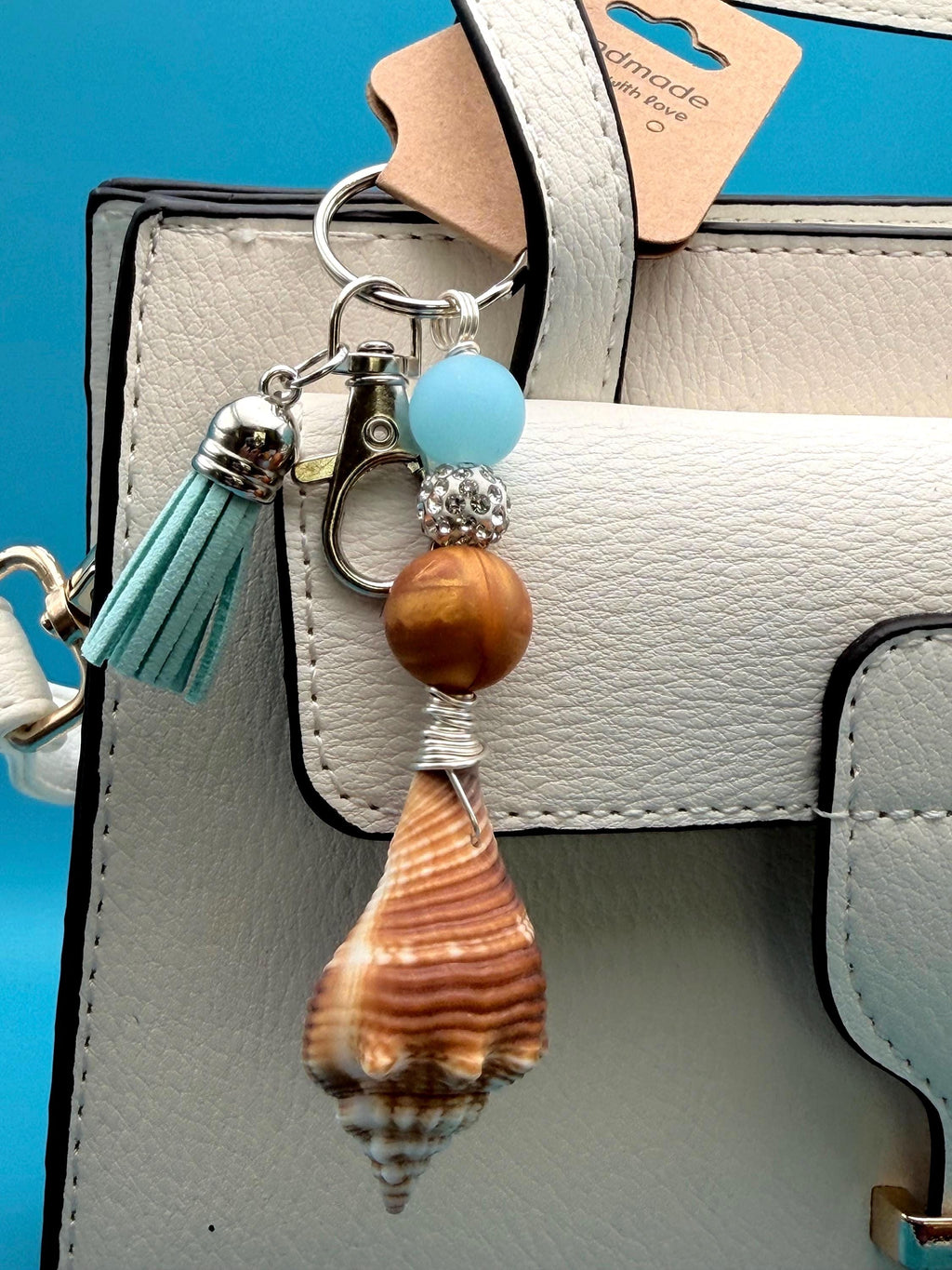Coastal Conch Shell Bag Charm Keychain Beach Lover Gift Handmade Seashell Ocean Accessory