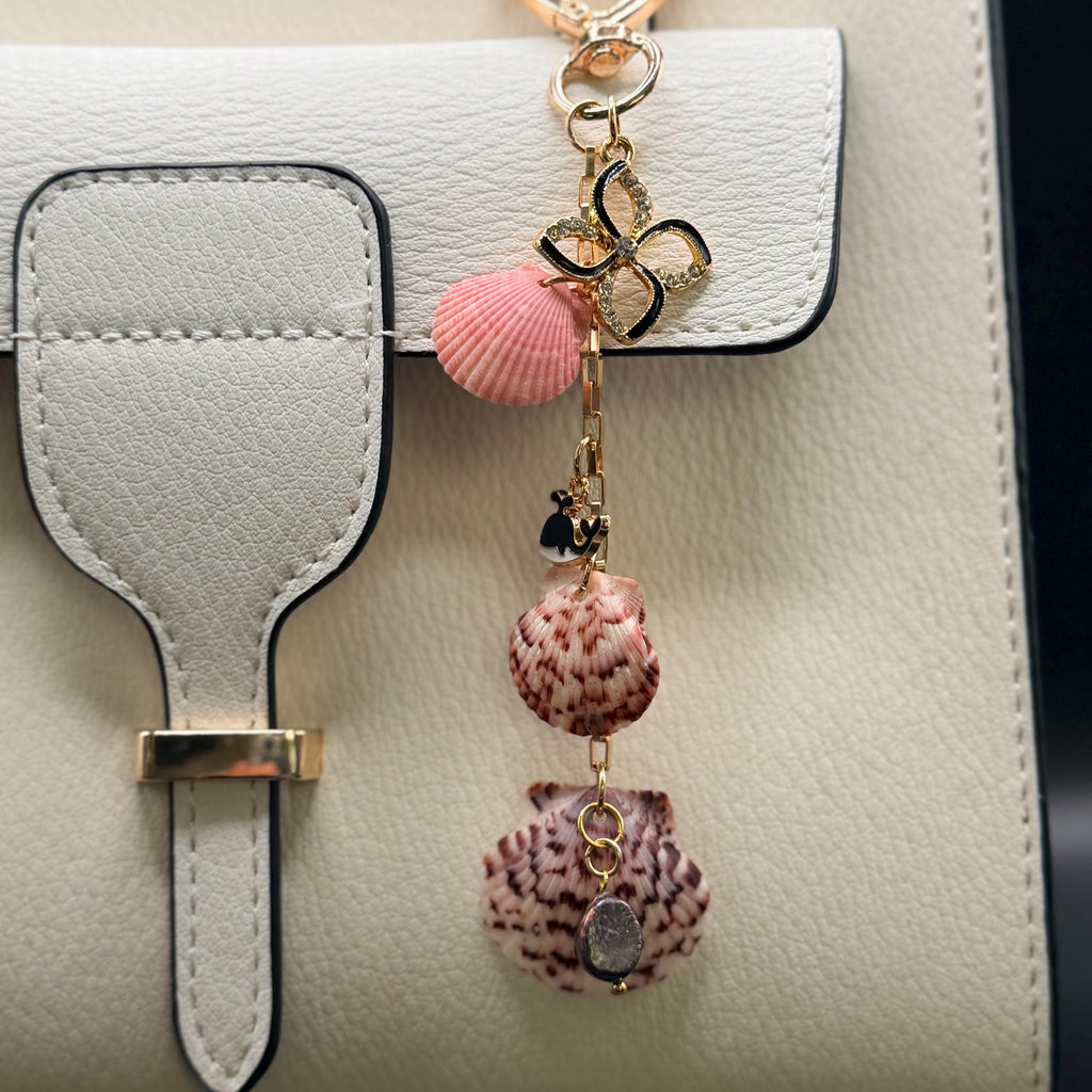 Pink Calico Scallop Shell Bag Charm - Handmade Beach Coastal Purse Accessory Keychain Ocean Gift