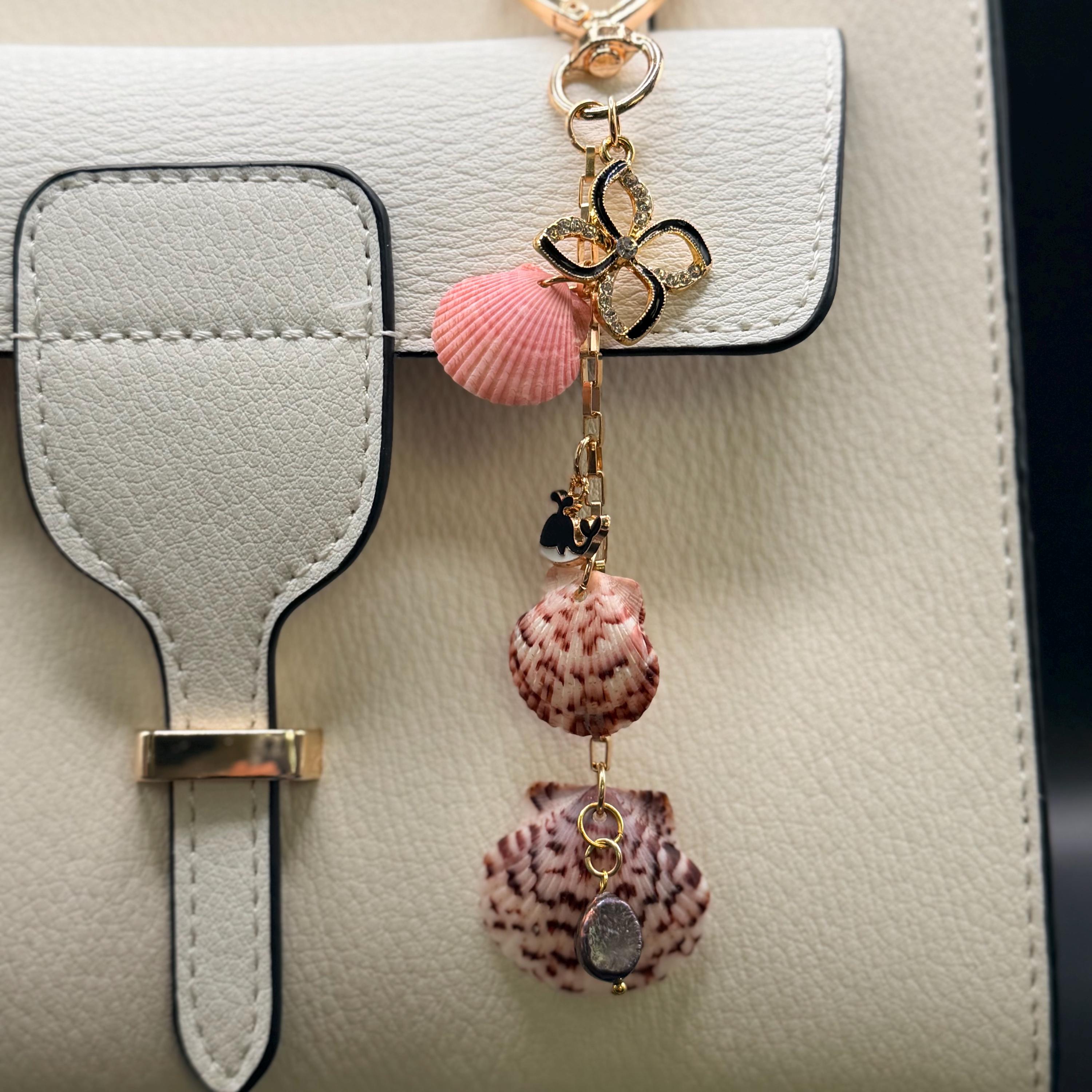 Pink Calico Scallop Shell Bag Charm - Handmade Beach Coastal Purse Accessory Keychain Ocean Gift