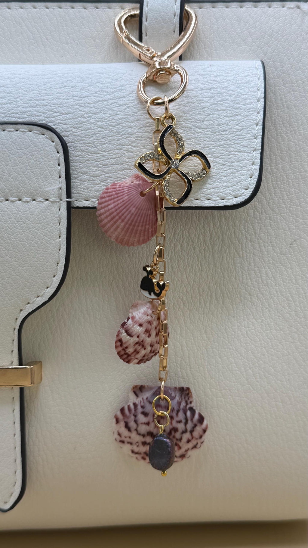 Pink Calico Scallop Shell Bag Charm - Handmade Beach Coastal Purse Accessory Keychain Ocean Gift