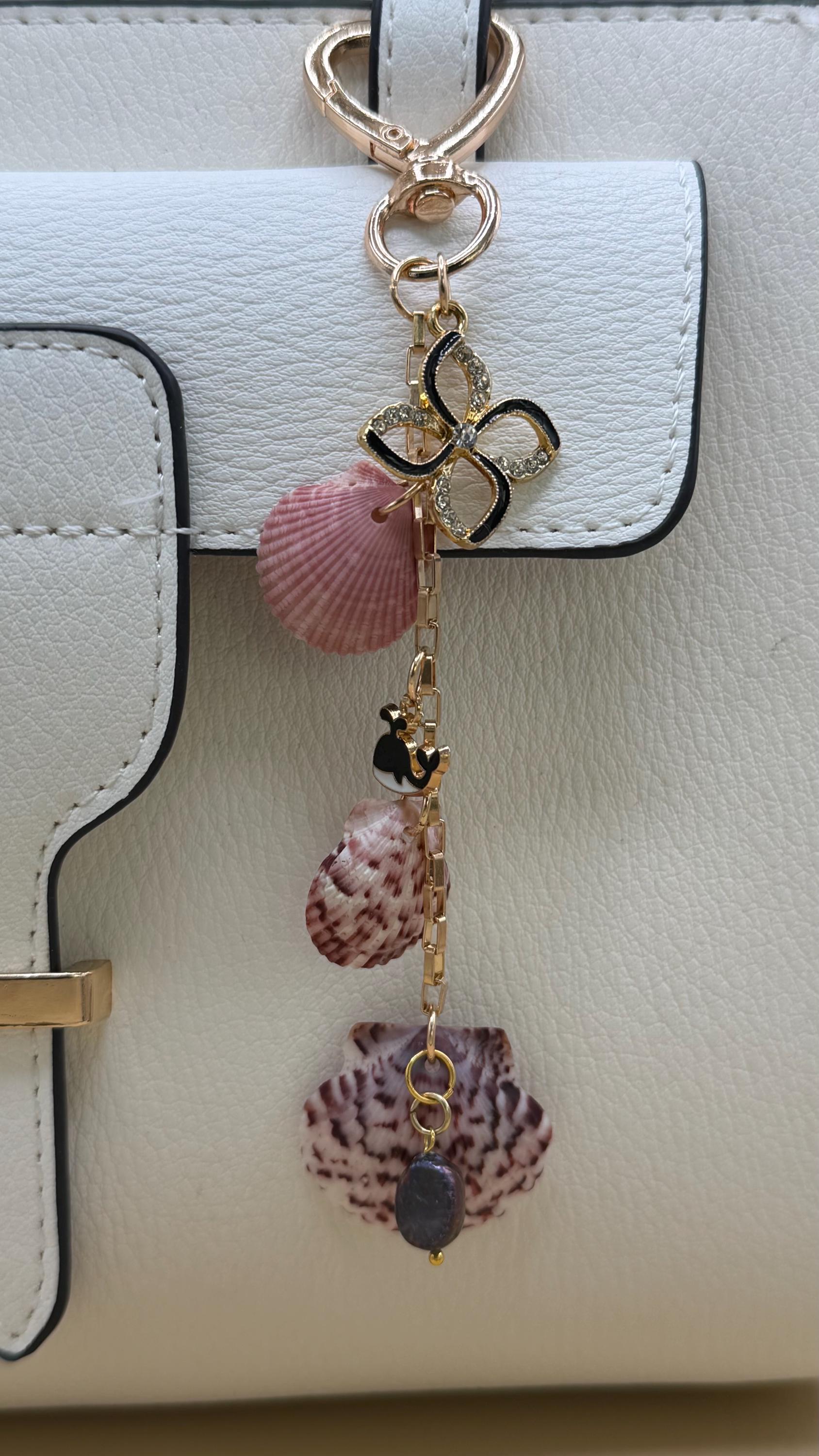 Pink Calico Scallop Shell Bag Charm - Handmade Beach Coastal Purse Accessory Keychain Ocean Gift