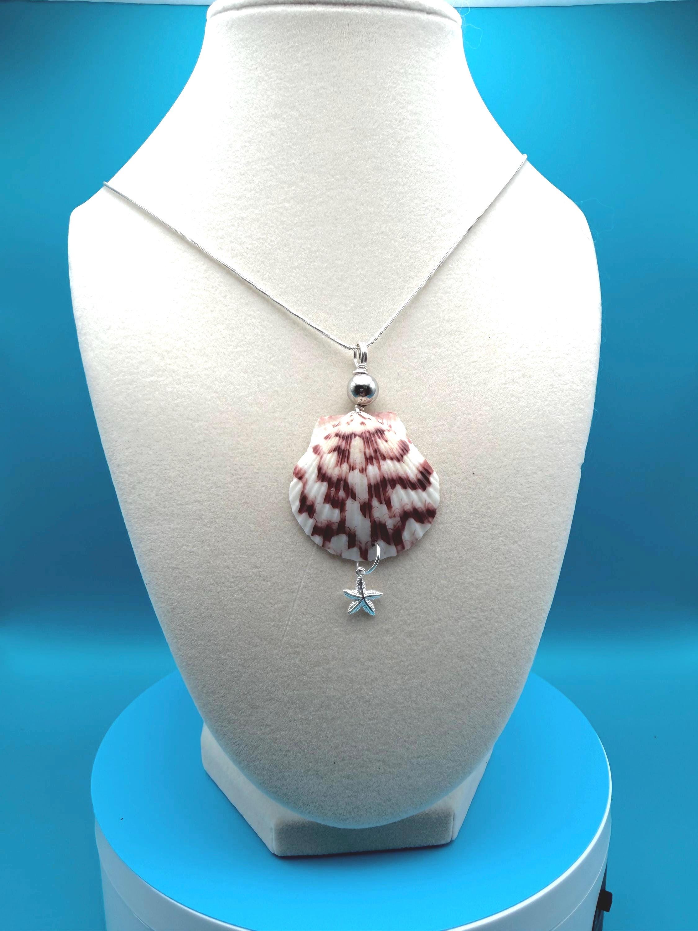 Real Calico Scallop Shell Necklace Handmade Florida Coastal Beach Gift Ocean Jewelry Sterling Silver