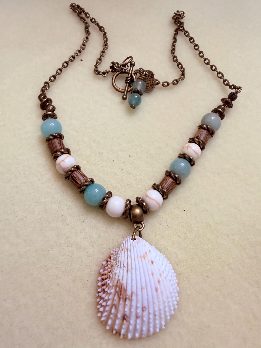 Handmade Seashell Statement Necklace with Turquoise Beads Coastal Boho Jewelry