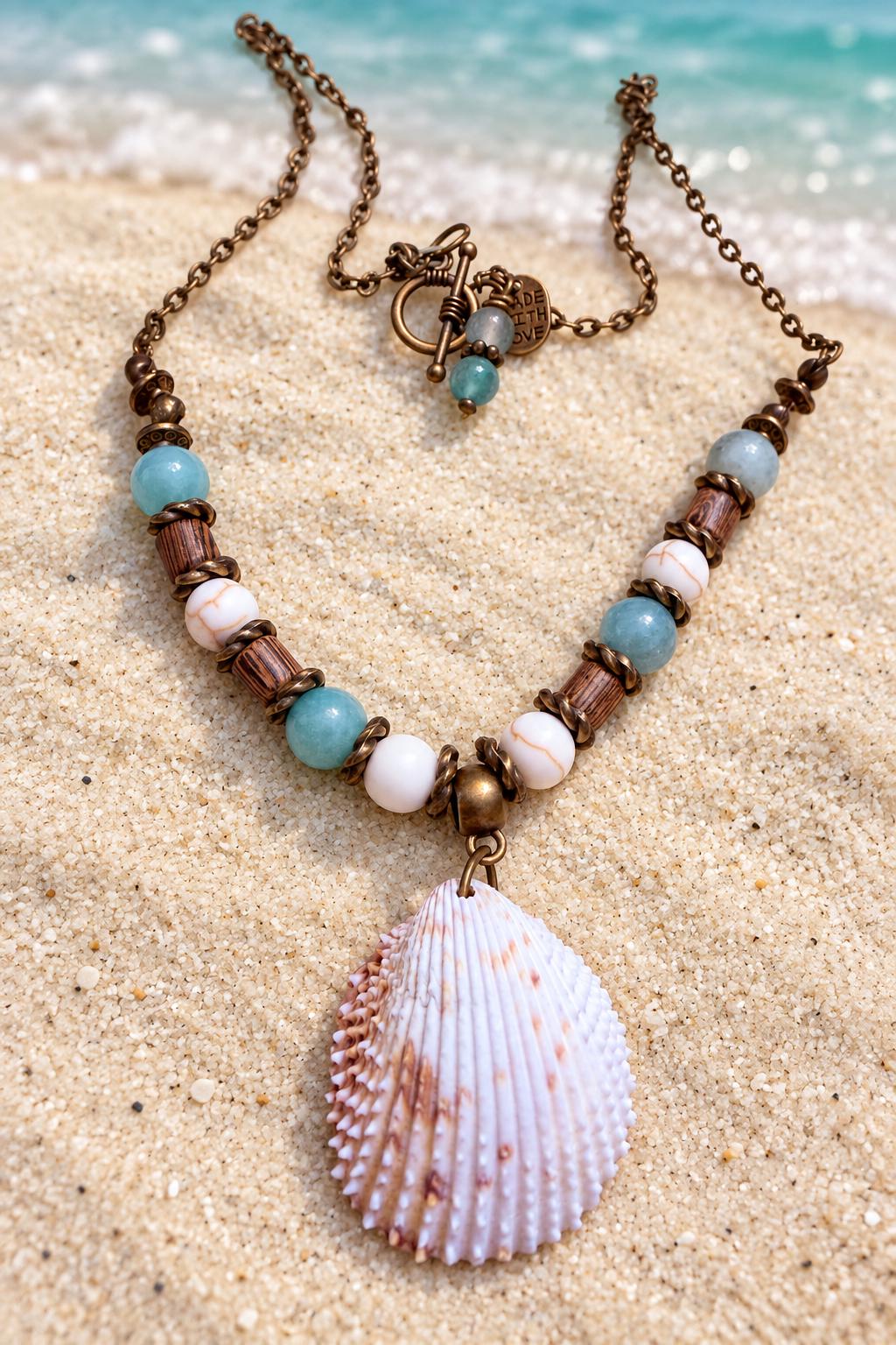 Handmade Seashell Statement Necklace with Turquoise Beads Coastal Boho Jewelry