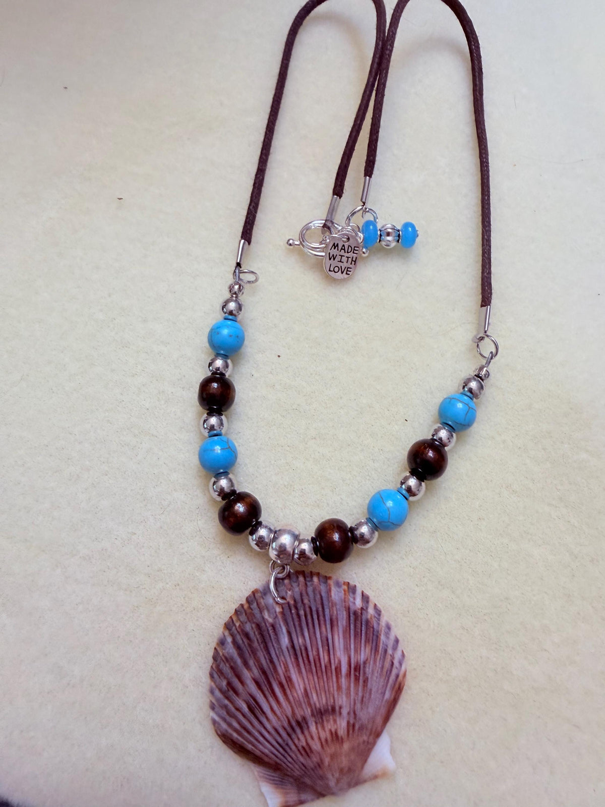 Handmade Seashell Pendant Necklace With Turquoise Brown Beads Coastal Boho