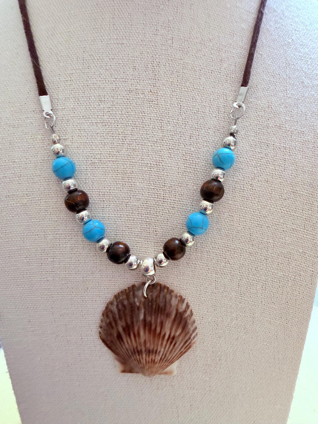 Handmade Seashell Pendant Necklace With Turquoise Brown Beads Coastal Boho