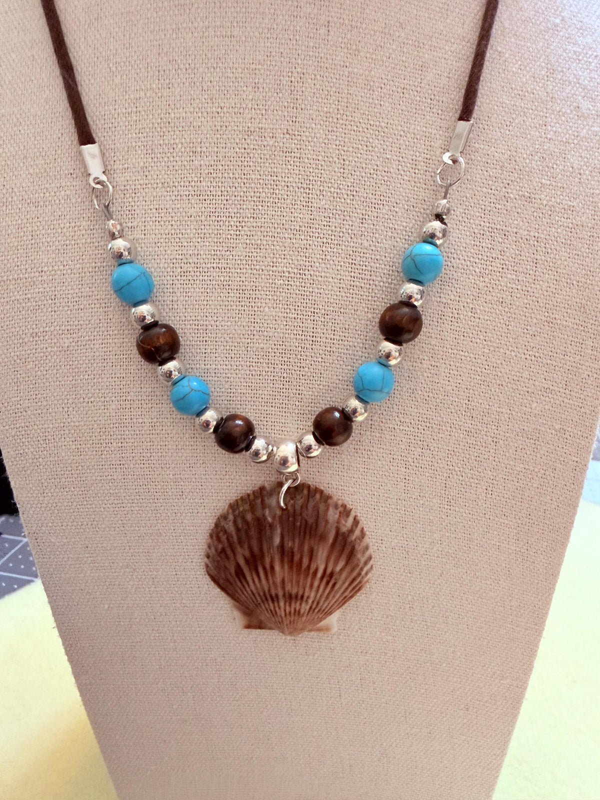 Handmade Seashell Pendant Necklace With Turquoise Brown Beads Coastal Boho