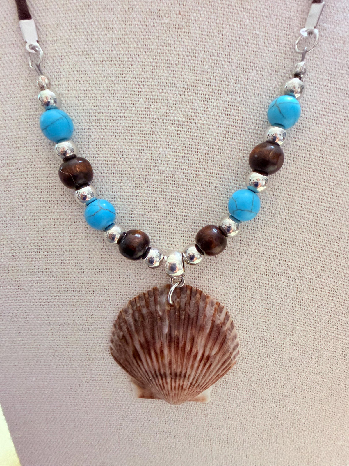 Handmade Seashell Pendant Necklace With Turquoise Brown Beads Coastal Boho