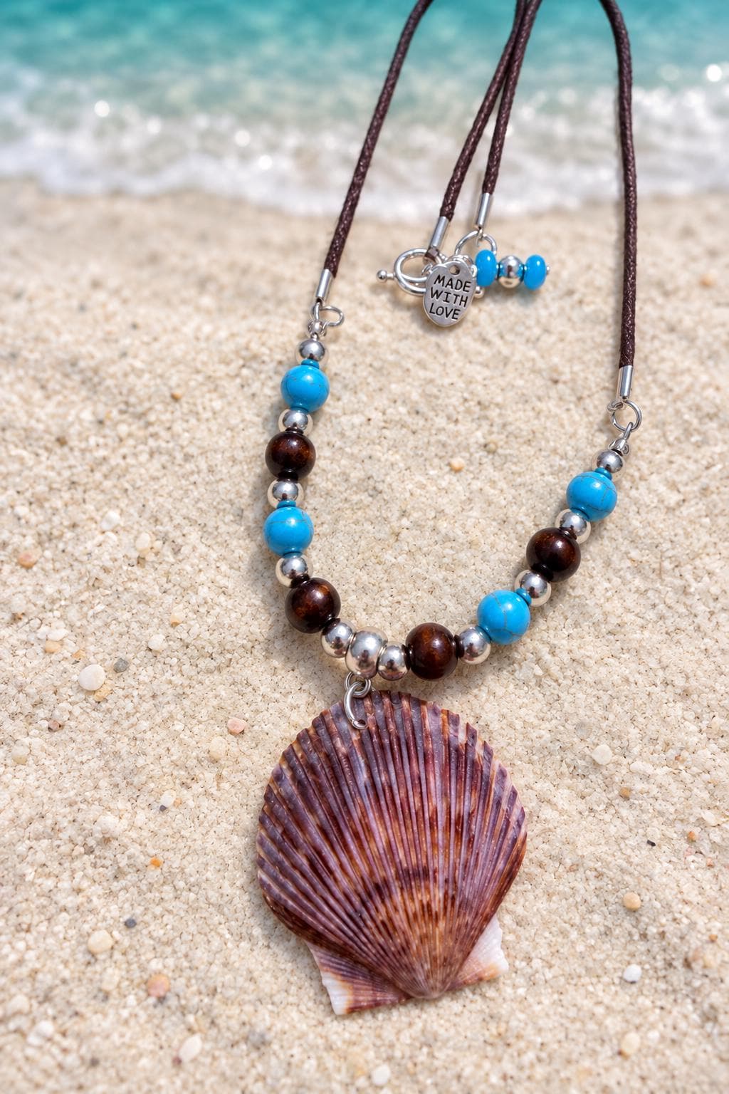 Handmade Seashell Pendant Necklace With Turquoise Brown Beads Coastal Boho