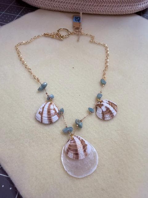 Handmade Natural Shell Necklace With Blue Stone Beads 925 Plated 17 Inch Chain