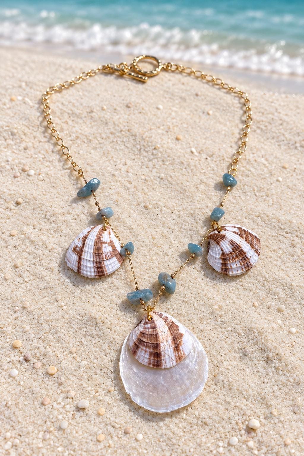 Handmade Natural Shell Necklace With Blue Stone Beads 925 Plated 17 Inch Chain