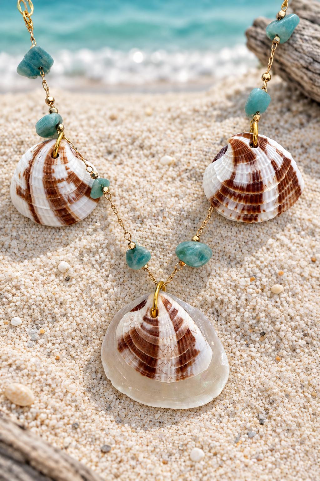 Handmade Natural Shell Necklace With Blue Stone Beads 925 Plated 17 Inch Chain