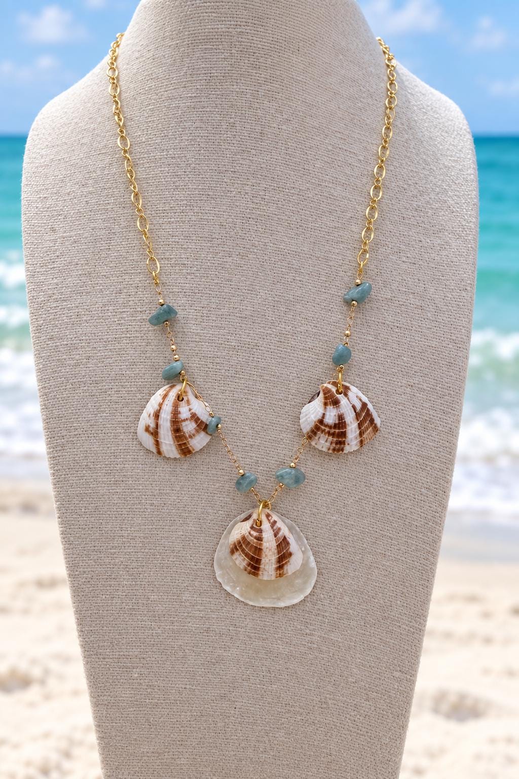 Handmade Natural Shell Necklace With Blue Stone Beads 925 Plated 17 Inch Chain